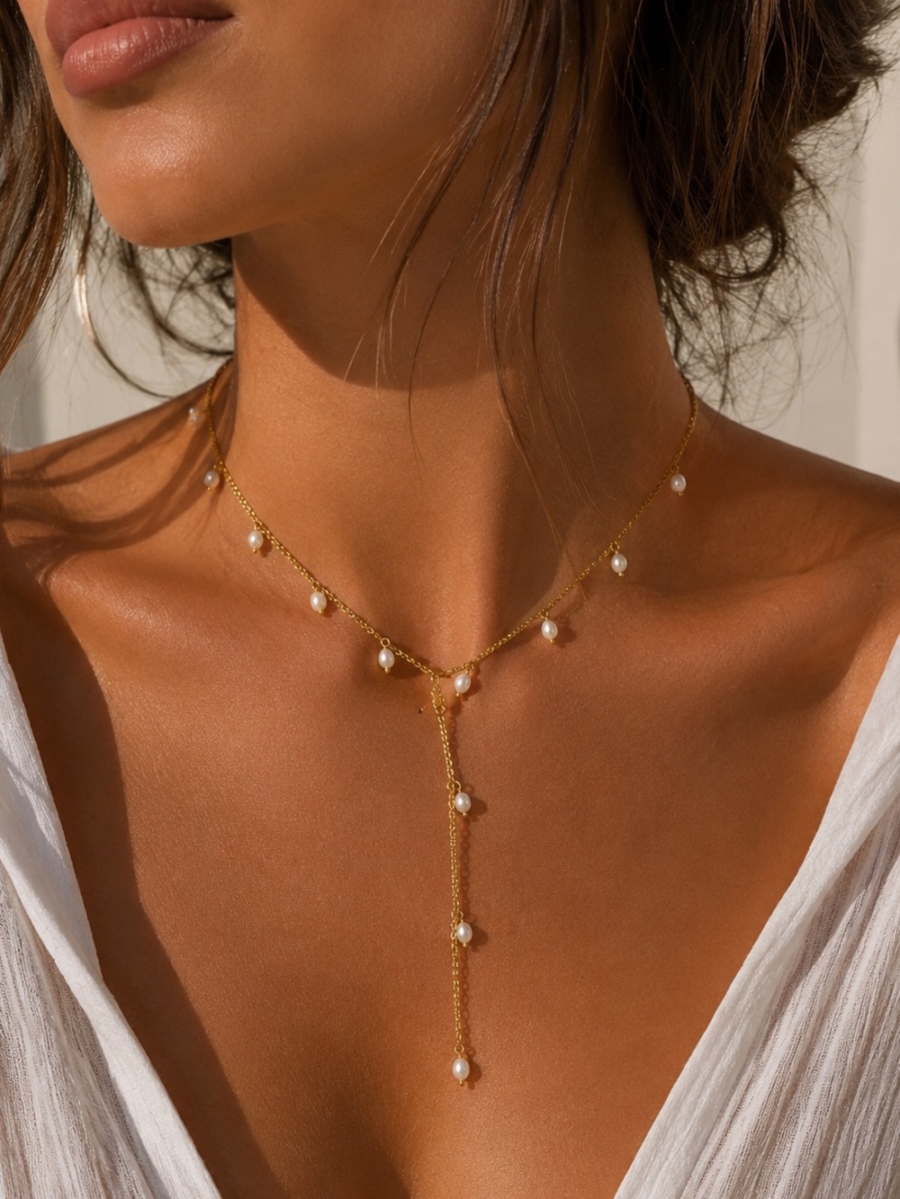 18K Gold Plated Freshwater Pearl Lariat Drop Necklace - Picture 4 of 9